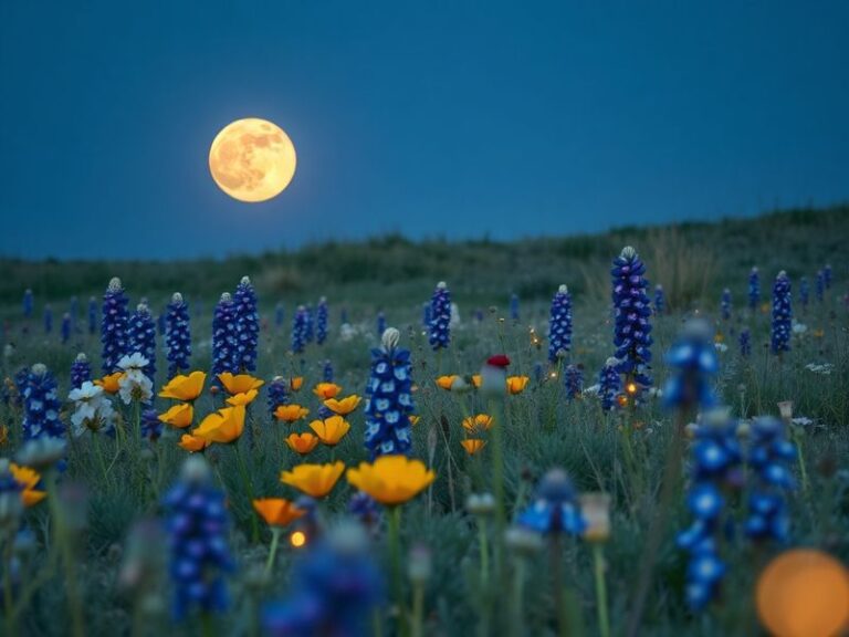 A serene night scene featuring the full Flower Moon rising above a blooming field of wildflowers. The moon glows with a soft