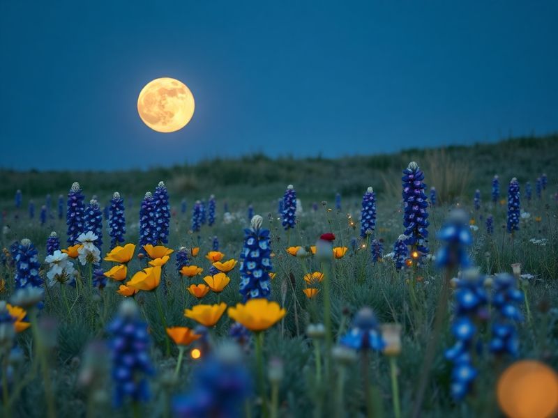 A serene night scene featuring the full Flower Moon rising above a blooming field of wildflowers. The moon glows with a soft