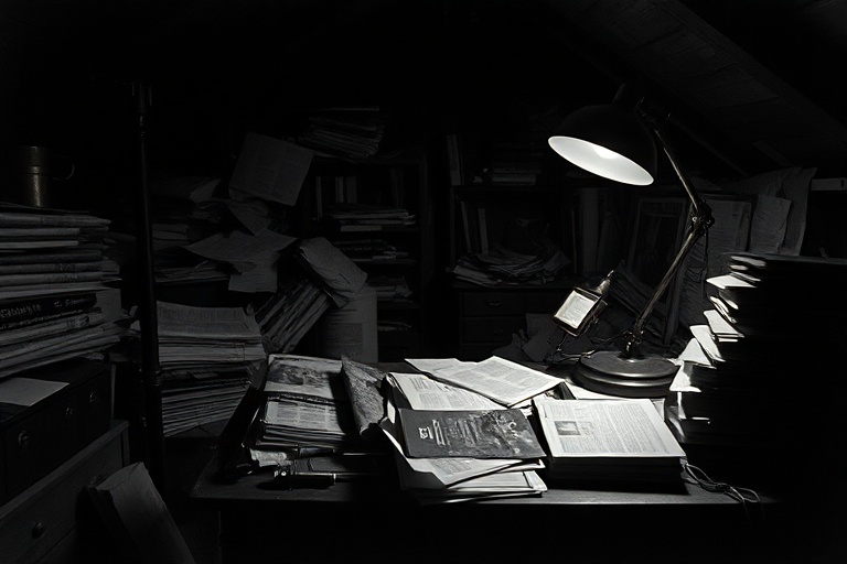 A moody, atmospheric image of an open book with mathematical equations and blood-red ink stains on its pages, set on a wooden