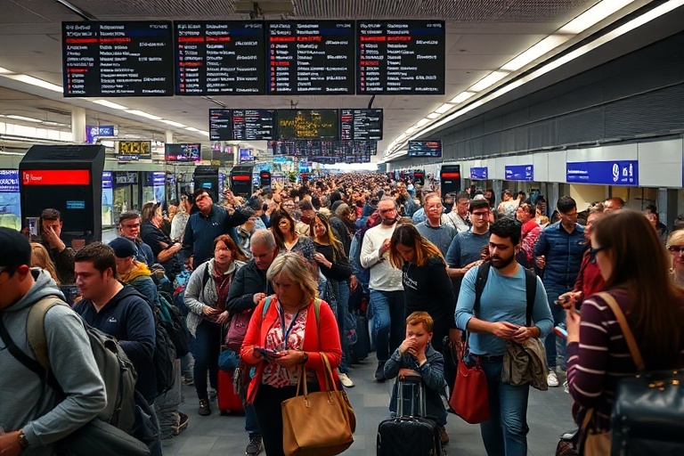 A vibrant scene inside ExCeL London during Comic Con, with attendees in elaborate cosplay, bustling vendor booths, and a stag