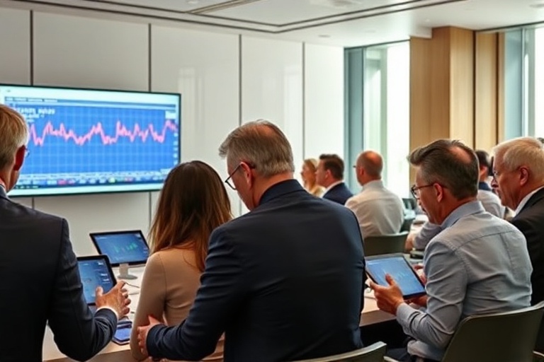 A professional portrait of Matt Brittin in a modern office setting, with digital holographic graphs and cloud icons floating