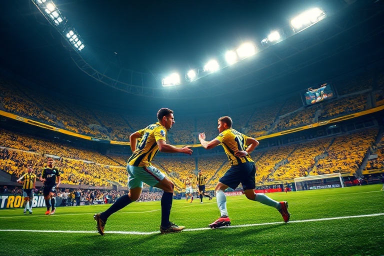 A vibrant stadium scene at night with fans in team colors, players celebrating a goal, and scoreboards displaying recent matc