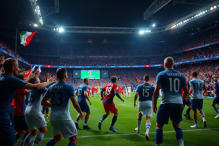 A packed Etihad Stadium under floodlights, with fans in sky blue scarves holding up mobile phones to capture the moment. The