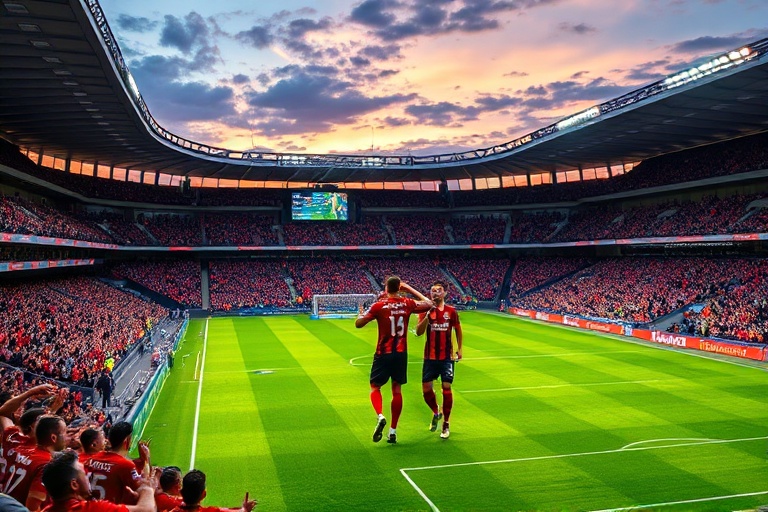 A dynamic action shot of Alisson Becker in Liverpool's red jersey, diving to his left to make a crucial save at Anfield, with