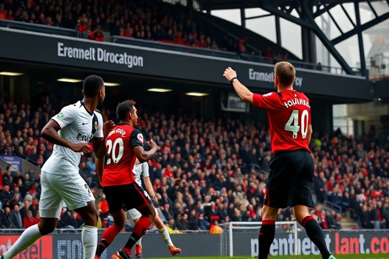 Alisson Becker in full Liverpool kit, crouched in goal with arms outstretched during a match at Anfield. The crowd is blurred