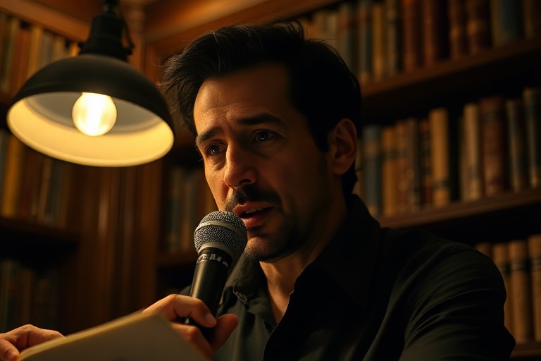 A professional headshot of Andrew Lewin speaking into a microphone at a podcast recording session, with subtle ocean-themed b