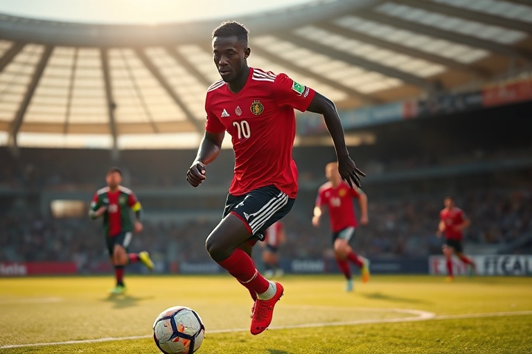 A dynamic action shot of Yan Diomandé in a Ligue 1 match, wearing Stade Rennais' red and black jersey, mid-defensive clearanc