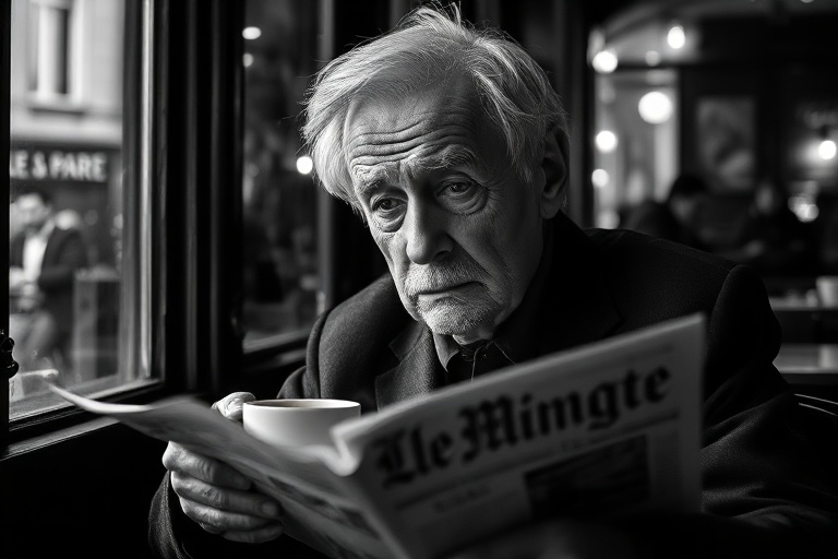 A moody black-and-white portrait of Klaus Kinski mid-performance, with wild hair and intense expression, bathed in dramatic l