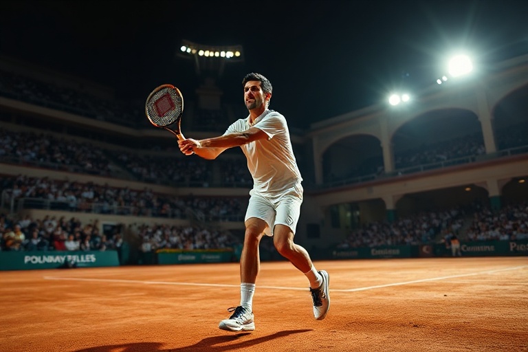 A focused action shot of Andrea Pellegrino mid-match on a clay court, wearing an Italian team jersey, intense expression, sur