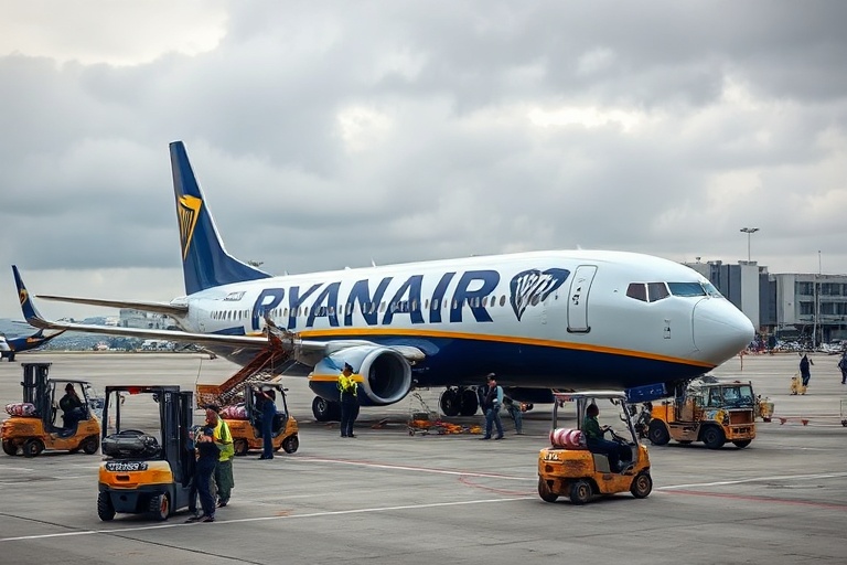 A bustling Athens International Airport terminal with Ryanair branding on digital screens, travelers with luggage, and a mix