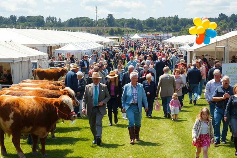 A vibrant aerial view of the Balmoral Show 2024 festival grounds, showing colorful tents, livestock pens, food stalls, and cr