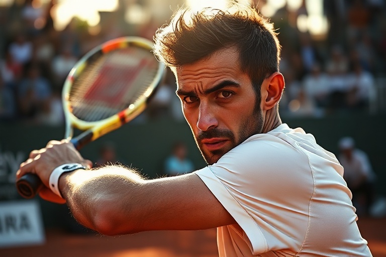A focused action shot of Andrea Pellegrino mid-match on a clay court, wearing an Italian team jersey, intense expression, sur