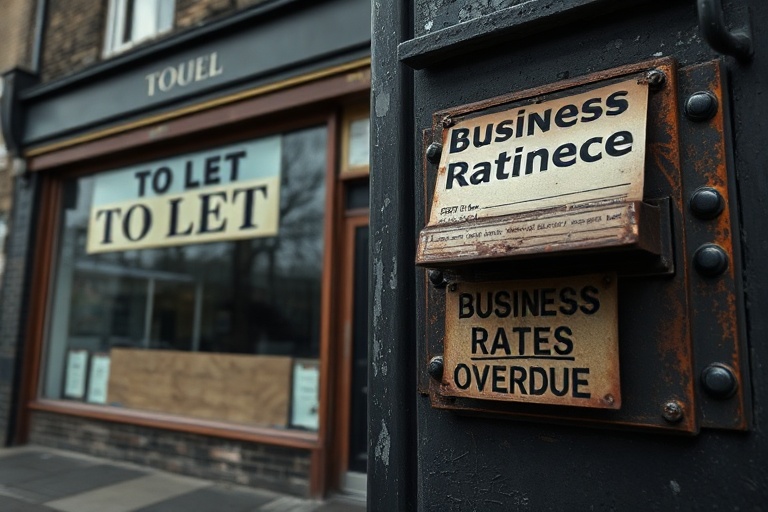 A professional office building with a 'For Lease' sign in the window, surrounded by a cityscape. The mood is tense, with a fo