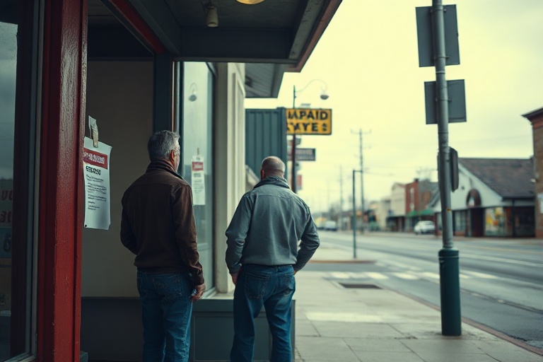 A split-image illustration: on the left, a concerned local council worker reviewing financial documents; on the right, a mode