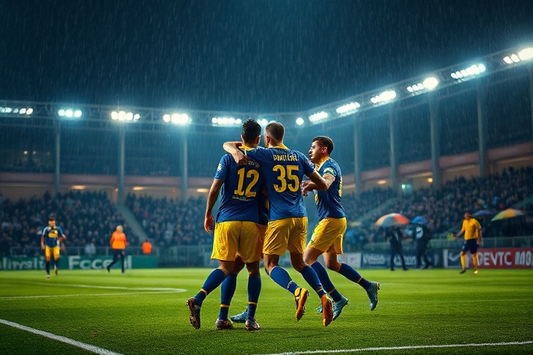 A vibrant stadium atmosphere during a Cracovia vs. Radomiak match, featuring fans in traditional scarves and jerseys, with Kr