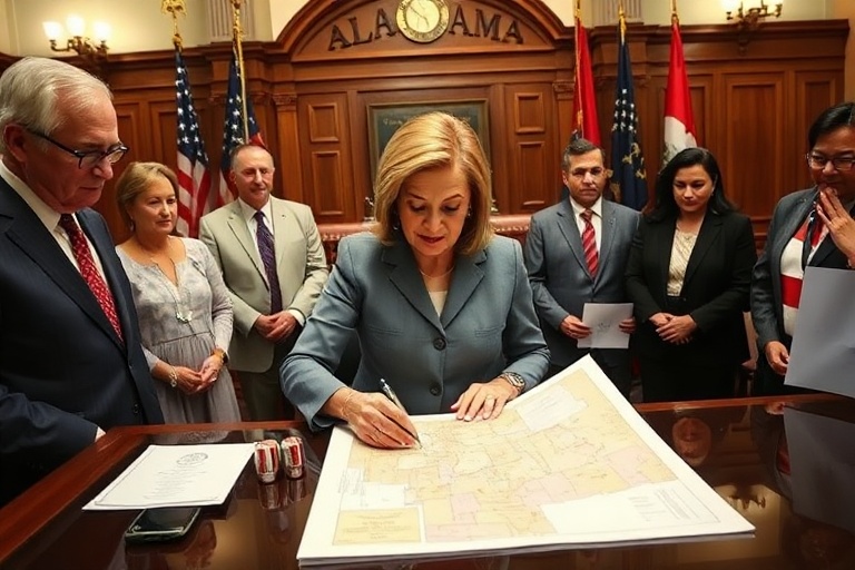 A split-image illustration showing Alabama's state capitol on one side and a courthouse gavel on the other, with a redrawn co