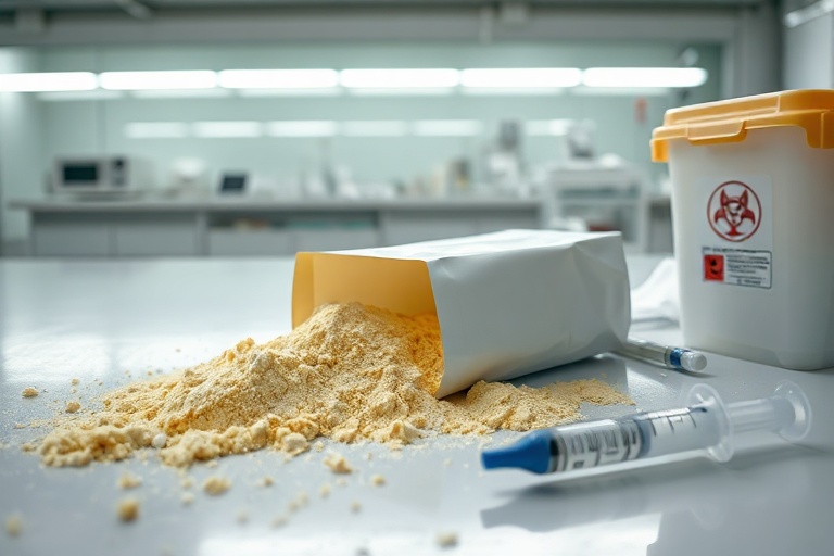 A split-screen image showing a pristine dairy processing plant on one side and a worried parent checking a milk powder label