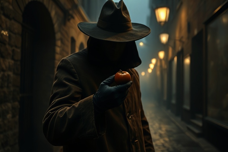 A moody cinematic shot of a foggy Copenhagen park at night, with a single chestnut figurine lying on a park bench, surrounded