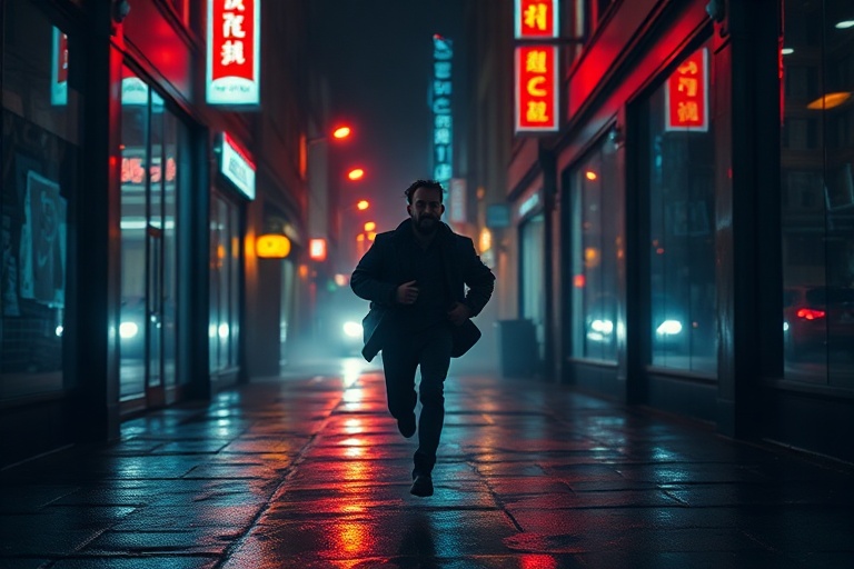 A dimly lit urban alley at night with caution tape, a shattered storefront window, and a lone surveillance camera mounted on