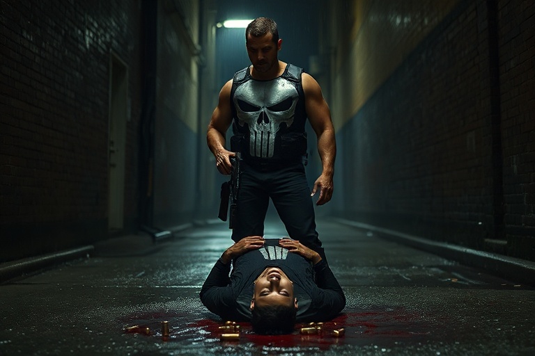 A somber Frank Castle in his signature skull vest, standing in the rain outside a dimly lit warehouse, his face half-lit by a