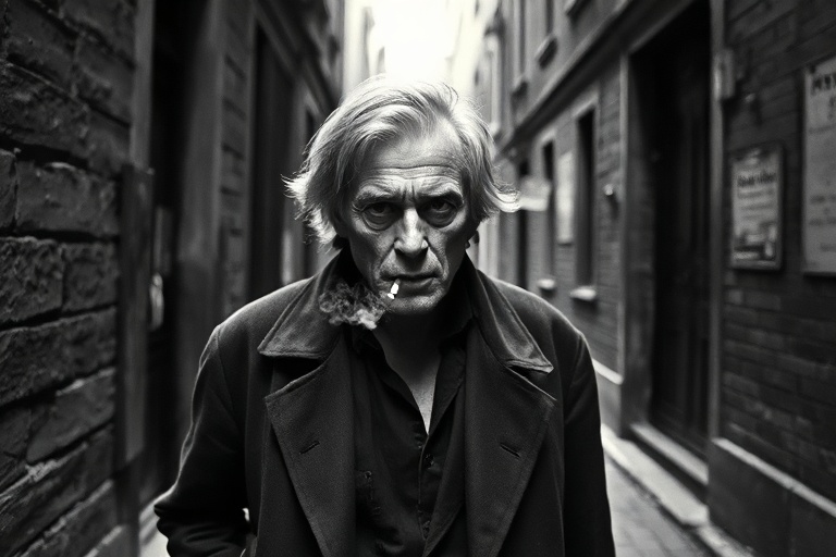 A moody black-and-white portrait of Klaus Kinski mid-performance, with wild hair and intense expression, bathed in dramatic l
