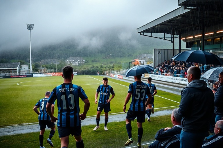 A vibrant matchday scene at Truro City F.C.'s ground, featuring a packed stadium with passionate fans, players in action on a