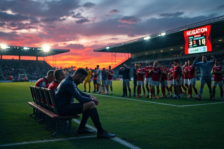 A tense stadium scene at dusk, with fans in scarves watching their team desperately fight to avoid relegation. The scoreboard
