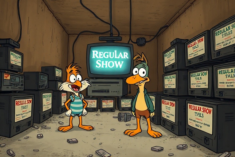 A retro-style CRT TV displaying a glitchy, distorted image of Mordecai and Rigby from Regular Show, surrounded by scattered V