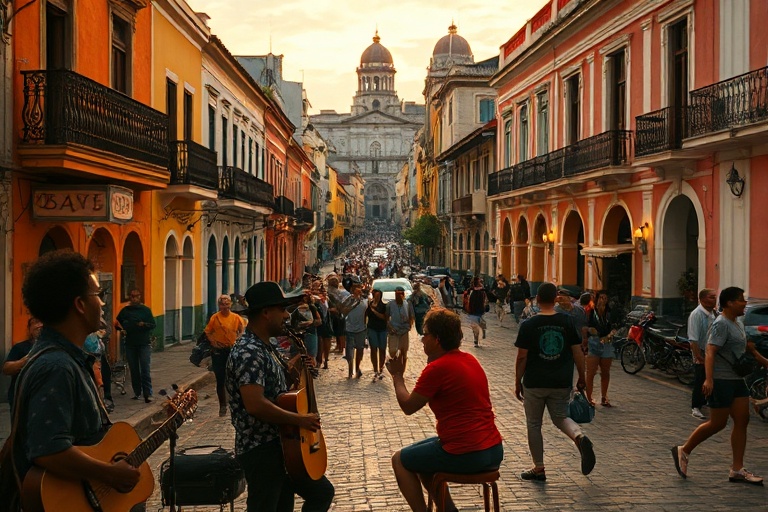 A vibrant street scene in Salvador’s Pelourinho district, featuring colorful colonial buildings, street musicians playing dru
