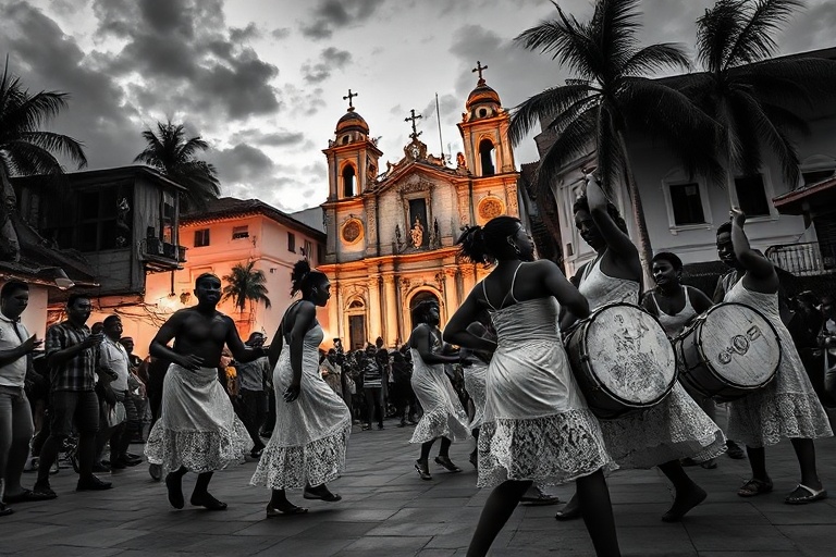 A vibrant street scene in Salvador’s Pelourinho district, featuring colorful colonial buildings, street performers playing dr