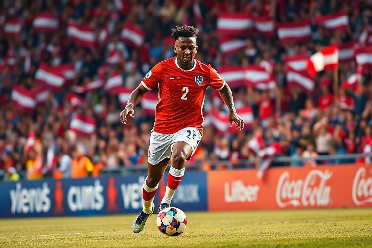 An action shot of Cody Gakpo in his PSV Eindhoven kit, showcasing his speed and agility on the pitch, with fans cheering in t