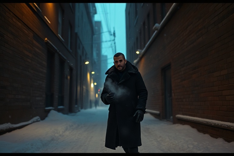 A stylized portrait of Drake in a winter coat with a frosty blue filter, standing against a city skyline at dusk. The mood is