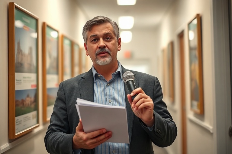 A warm, well-lit portrait of Trevor Whelan in a cozy studio, surrounded by books and a microphone, with a soft bokeh backgrou
