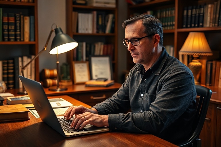 A warm, well-lit portrait of Trevor Whelan in a cozy studio, surrounded by books and a microphone, with a soft bokeh backgrou