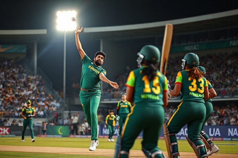 A dynamic action shot of Yan Diomandé in a Ligue 1 match, wearing Stade Rennais' red and black jersey, mid-defensive clearanc