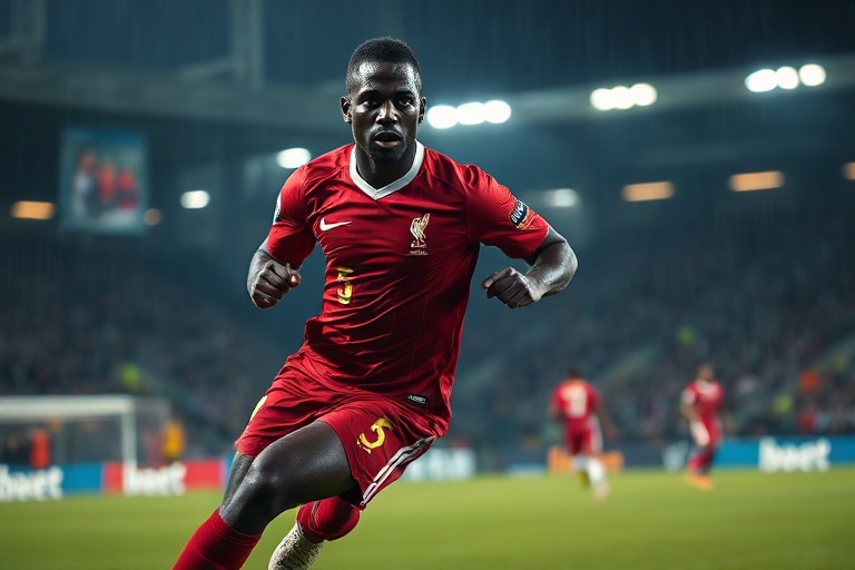 A dynamic action shot of Yan Diomandé in an AS Monaco kit, mid-defensive play during a Ligue 1 match, with blurred stadium ba