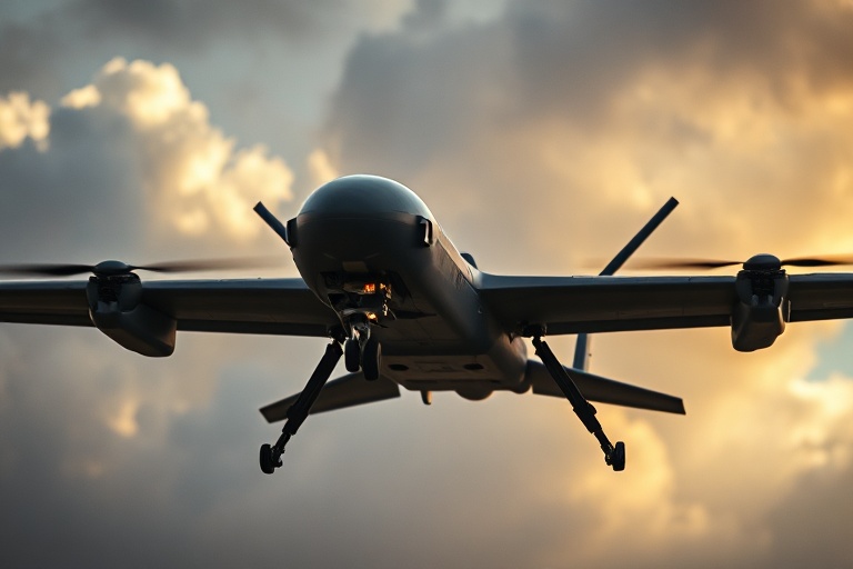 A high-tech military drone in flight over a desert landscape, with a digital interface overlay showing data feeds and maps. T