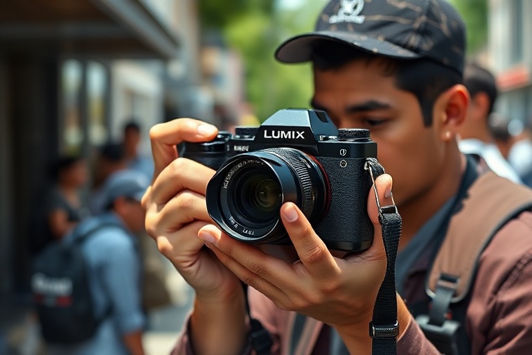 A well-preserved Panasonic Lumix L10 camera with a silver and black body, attached to a silver Leica-branded lens, placed on