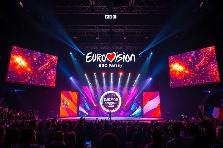 A vibrant collage of BBC Eurovision moments: Sandie Shaw holding her trophy in 1967, Terry Wogan at the commentary desk, and