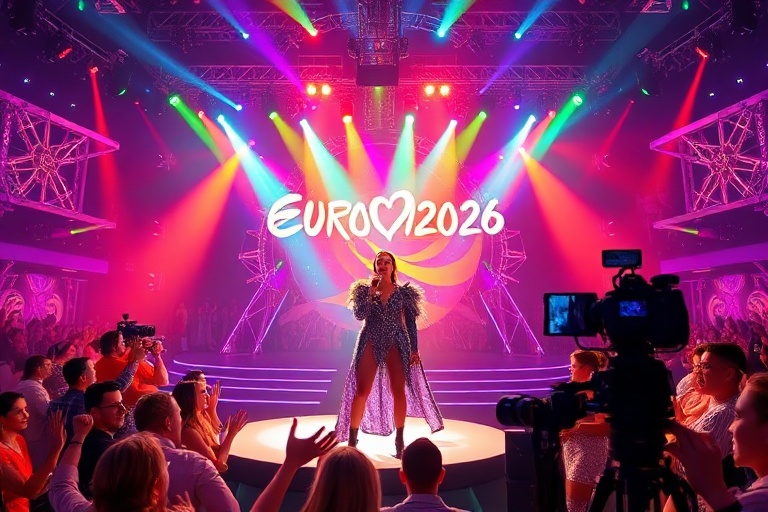 A vibrant stage setup for Eurovision 2026 with the UK flag prominently displayed, featuring a performer in mid-song with dyna
