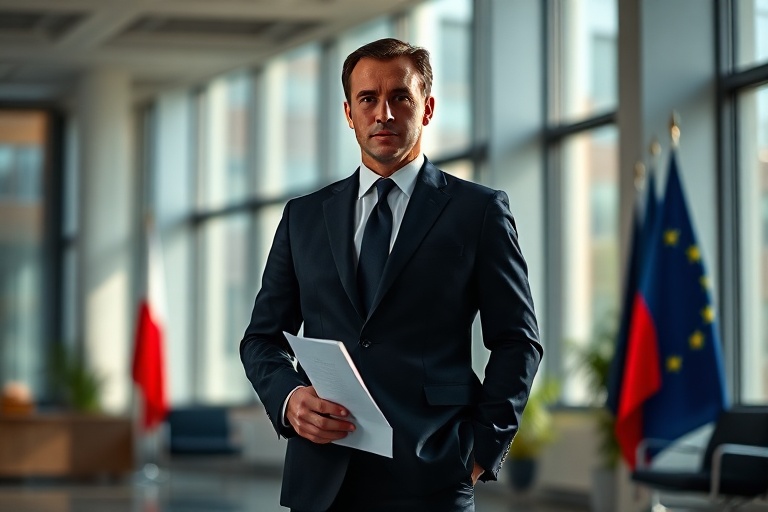 A professional headshot of Dominik Tarczynski in a European Parliament setting, dressed in business attire, with the EU flag