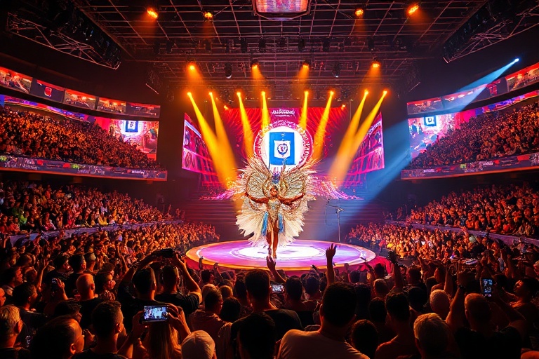 A vibrant digital illustration of a Mafs Australia tournament in progress. The scene features a neon-lit arena with players f