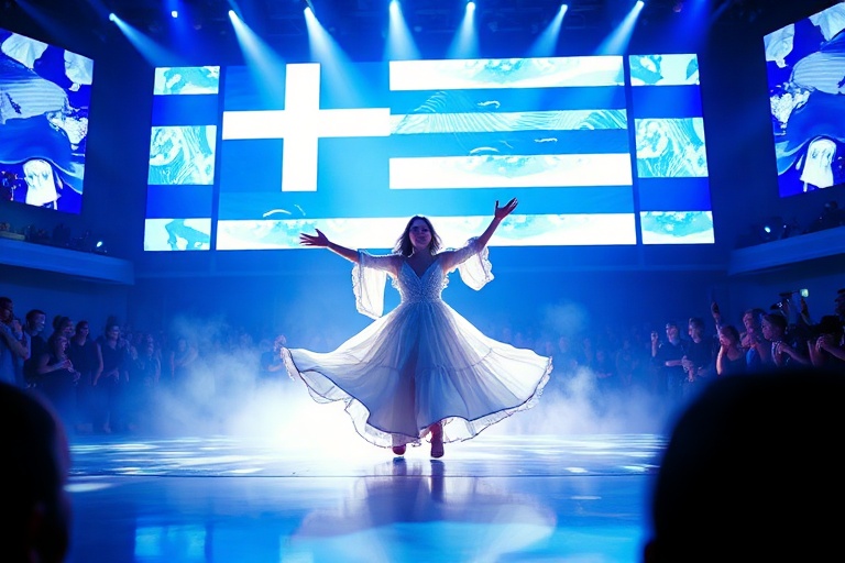 A vibrant stage setup in Athens with Greek flags, bouzouki instruments, and modern lighting, symbolizing Greece’s blend of tr