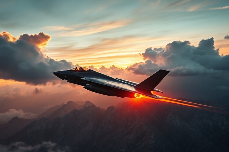 A dynamic scene of a modern stealth fighter, such as the F-35 or F-22, in flight against a dramatic sunset sky. The aircraft