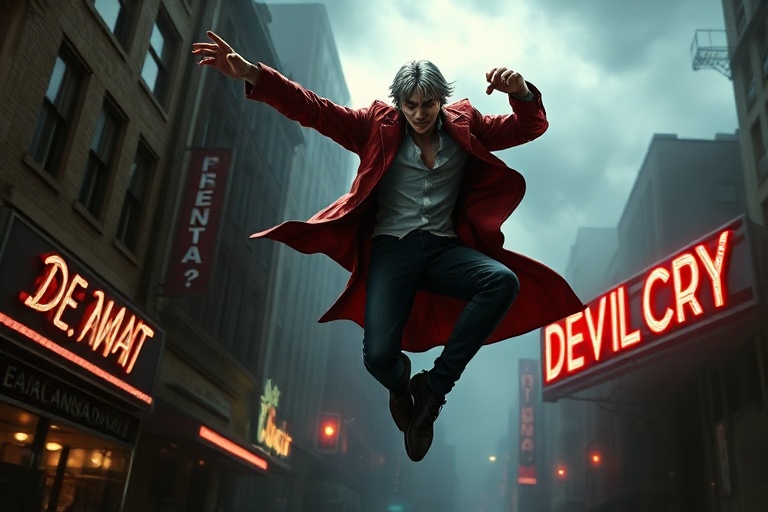A dynamic promotional poster featuring Dante and Nero in mid-combat against a swirling demonic backdrop, with stylized lightn