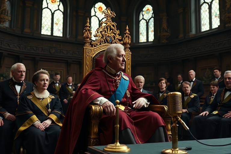 A formal scene inside the House of Lords chamber during the State Opening of Parliament. The King, wearing parliamentary robe