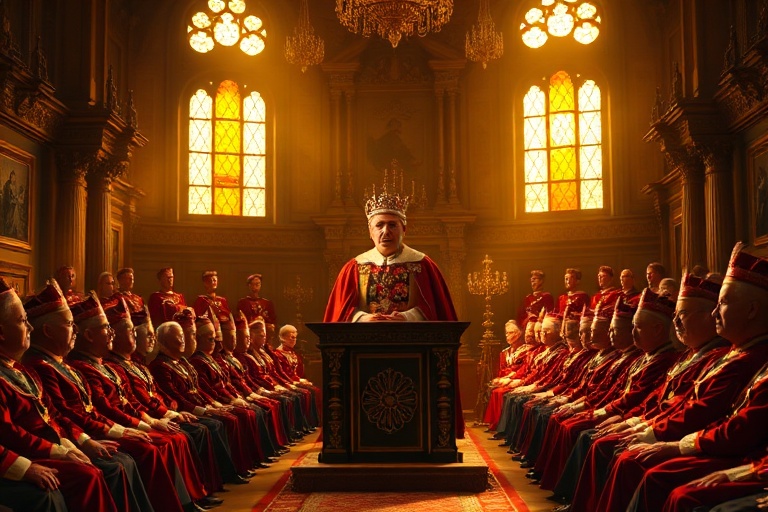 A formal, high-angle shot of the House of Lords chamber during the State Opening of Parliament. The scene includes the monarc