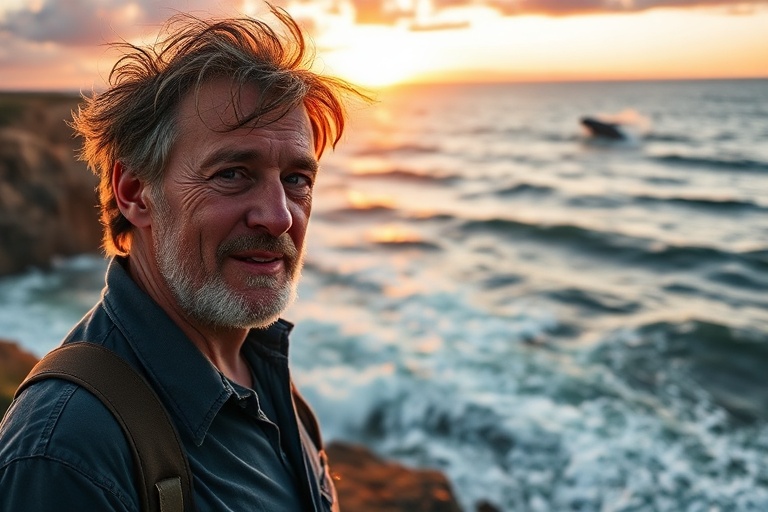 A close-up portrait of Andrew Lewin speaking into a podcast microphone in a studio, with a world map and ocean conservation g