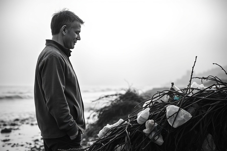A professional headshot of Andrew Lewin speaking into a microphone at a podcast recording session, with ocean conservation gr