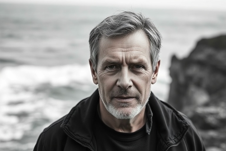 A portrait of Andrew Lewin speaking into a microphone outdoors, with a sunset over a coastal landscape in the background. He
